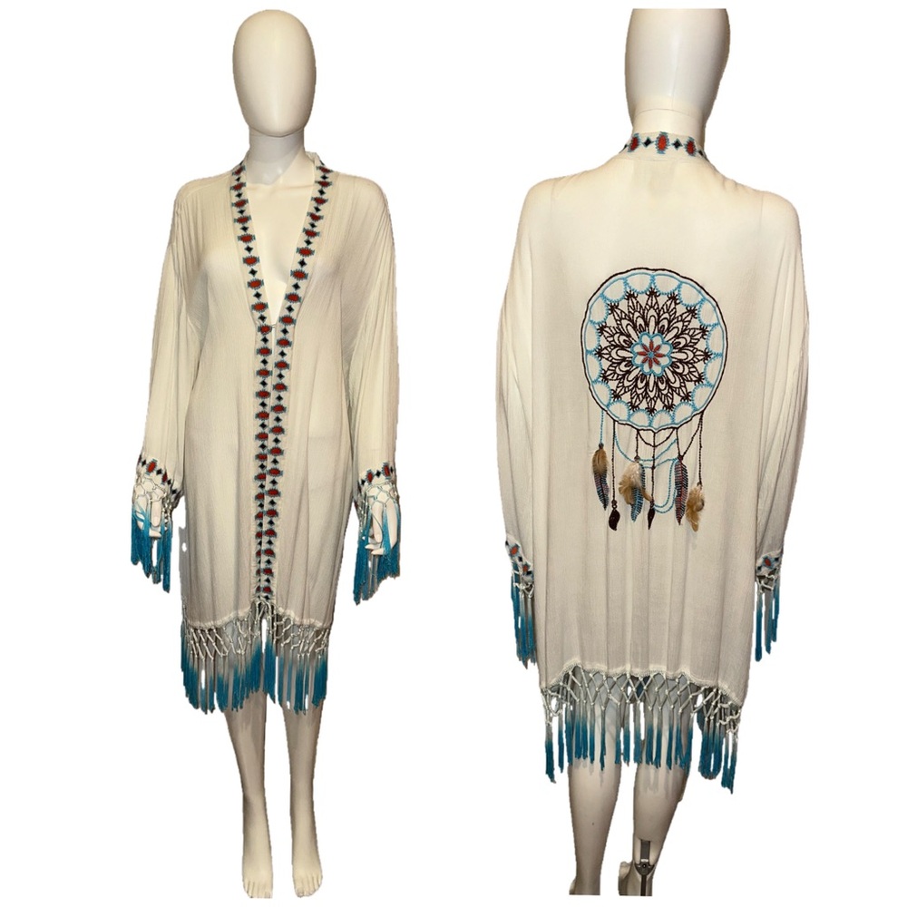 Z&L Europe white dream catcher ombré fringe boho hippie kimono coverup top OS